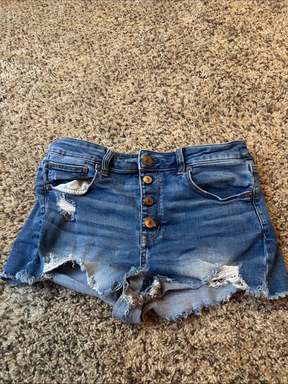 American Eagle Outfitters Distressed Blue High-Rise Button-Front Jean Shorts